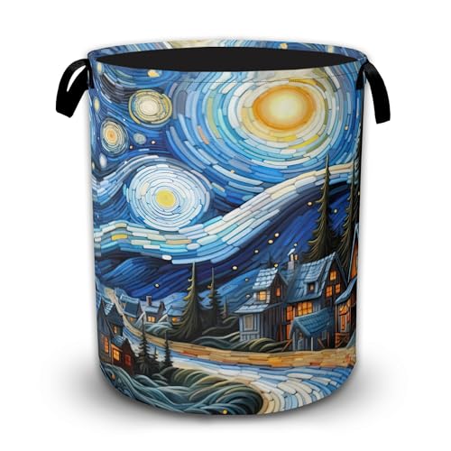 Starry Sky Oil Painting Waterproof Laundry Basket with Handles, Foldable Clothes Hamper, Large Capacity Laundry Organizer Bin for Bedroom Bathroom Dorm Room - color: Starry Village