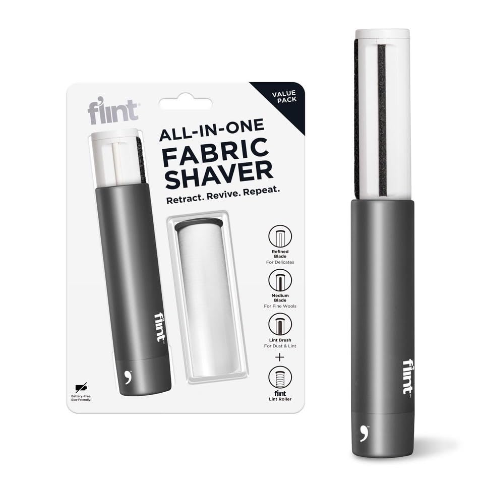 Flint All-in-One Fabric Shaver, Compact, Retractable & Travel-Friendly Fuzz Remover with 2 Fabric-Safe Care Surfaces, Lint Brush & Lint Roller, Ultimate Depiller for Clothes, Eco-Friendly