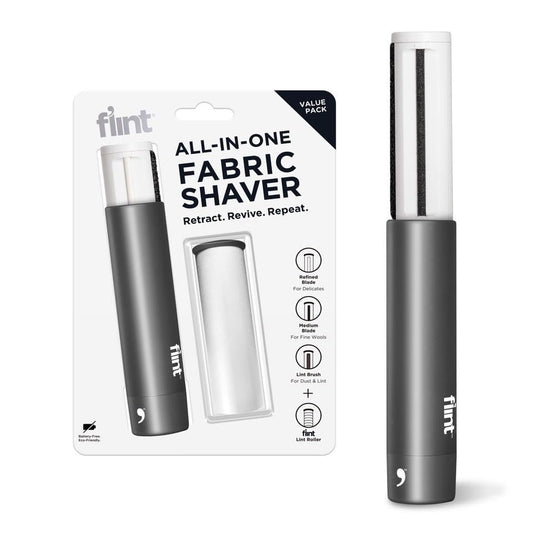 Flint All-in-One Fabric Shaver, Compact, Retractable & Travel-Friendly Fuzz Remover with 2 Fabric-Safe Care Surfaces, Lint Brush & Lint Roller, Ultimate Depiller for Clothes, Eco-Friendly