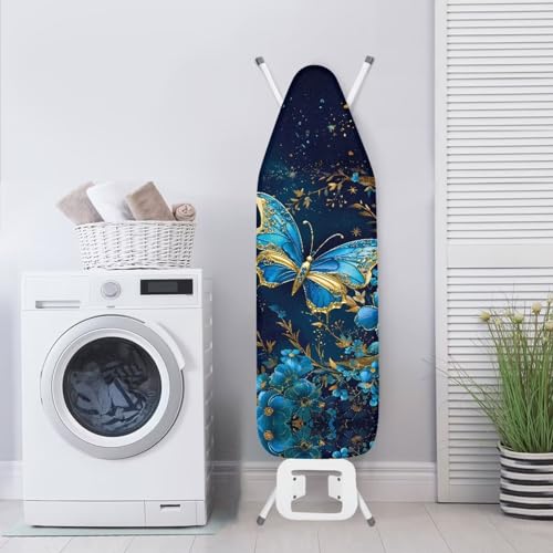 Blue Butterfly Ironing Board Cover with Elastic Edge Non Stick Scorch Stain Resistant Cover Heavy Duty Iron Pad Covers Standard Boards with Hook and Loop Fastener Strap - color: Blue Butterfly