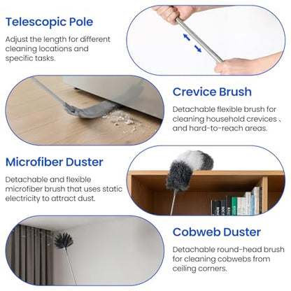 Extra-Long Dusters Kits with Extension Pole, Cobweb Duster, Microfiber Dusting Clothes for Gap, 5 in 1 Cleaning Tools with Extendable Long Handle, Blinds, High Ceilings and Fans, Cars and Furniture