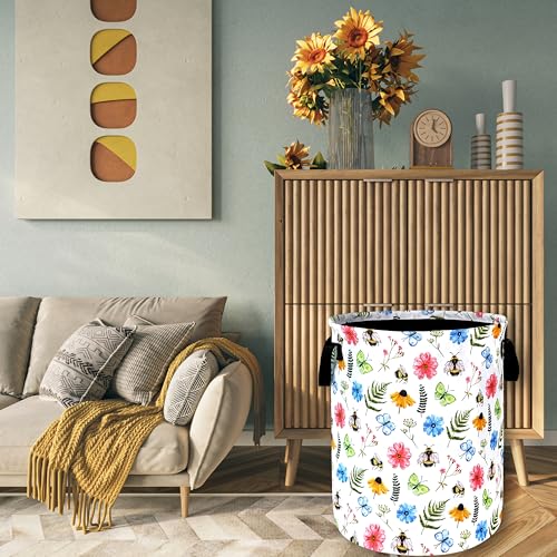Cute Bee Floral Laundry Basket Oxford Cloth Foldable Hamper 18.9x16.5Inch - color: Cute Bees With Floral Flowers