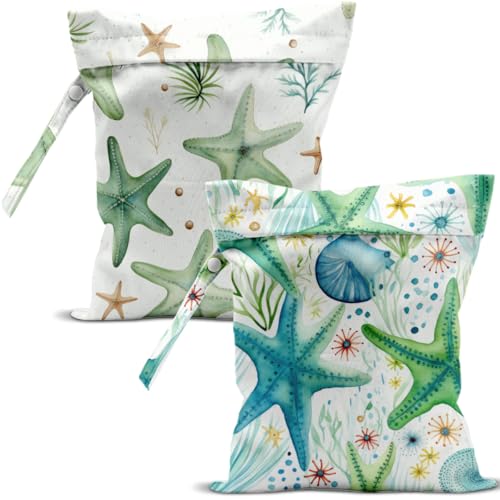 Wet Dry Bags Wet Bags Dirty Laundry Travel Bag Green Starfish Seaweed Waterproof Zipper Bag for Swimsuit Travel Beach - color: Sage