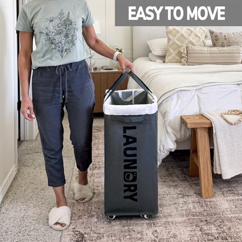 Goodpick 2-Pack Laundry Basket with Wheels & Wash Bag, Hamper for Dorm, 75L - color: Grey 2-Pack