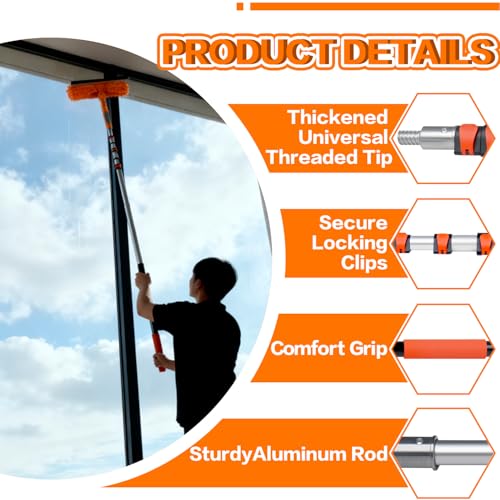 26FT High Reach Duster Cleaning Kit with 5-20 FTExtension Pole, High Ceiling Fan Cleaner Duster Tool for Fan Blades, Extendable Reusable Cobweb, Feather, Window Cleaning Squeegee Kit(20FT) - size: 20FT