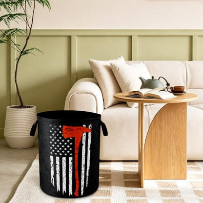 American Flag Red Line Ax Laundry Basket Foldable Waterproof 18.9x16.5 Inch - color: American Flag Red Line Ax