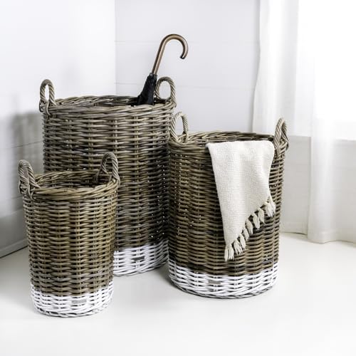happimess Ternion 3-Piece Nesting Rattan Storage Baskets, Kubu Gray/White
