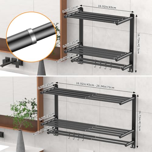 Adjustable 16.9–28" Matte Black Towel Rack for Bathroom SUS304 Stainless Steel 2-Tier Shelf with Extended Bar & 4 Sliding Hooks, Adhesive or Screw Mount, Bathroom/Over-Toilet Organizer - color: Adjustable 16.9–28" Matte Black Towel Rack