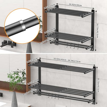 Adjustable 16.9–28" Matte Black Towel Rack for Bathroom SUS304 Stainless Steel 2-Tier Shelf with Extended Bar & 4 Sliding Hooks, Adhesive or Screw Mount, Bathroom/Over-Toilet Organizer - color: Adjustable 16.9–28" Matte Black Towel Rack