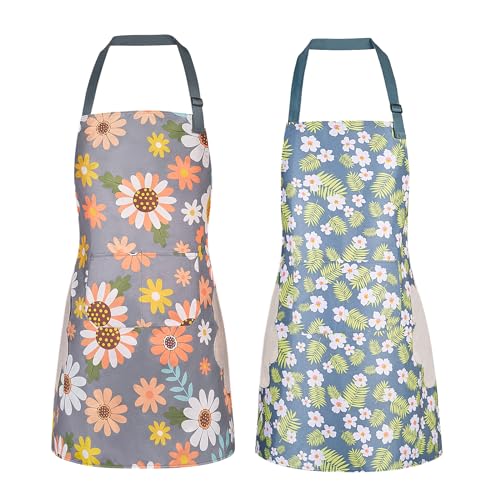 DILLMAN 2 Pack Floral Aprons with Pocket Blooming Womens Waterproof Adjustable Cooking Aprons Kitchen Gardening Salon - color: 2pack #C