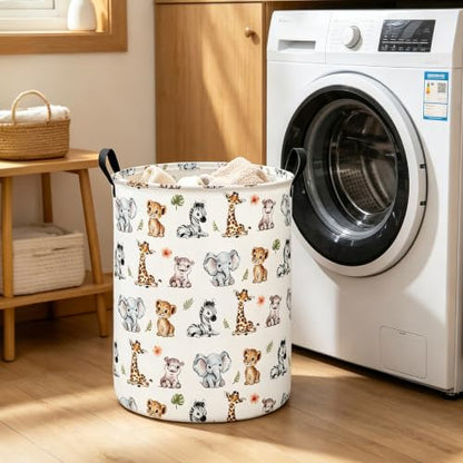 Round Jungle Wildlife Laundry Hamper, Cotton Canvas Storage Bin - color: Round Safari Animal