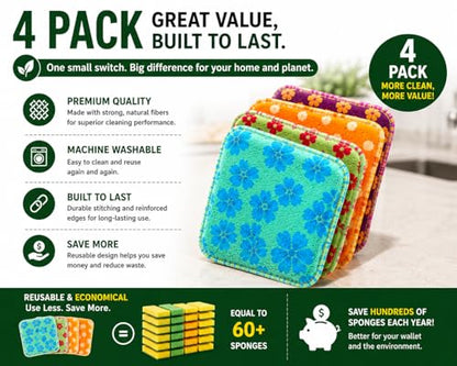 Reusable Dish Scrubbers (4 Pack) – Odor-Free Sponge Alternative, Non-Scratch Kitchen Scrubber for Dishes, Pots & Pans – Long-Lasting, Eco-Friendly Cleaning Pads