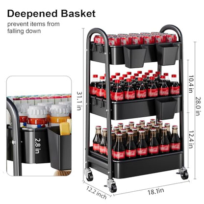 Heavy Duty 3 Tier Rolling Cart Metal with Wheels,Three Tiered Rolling Carts - color: Mystic Black