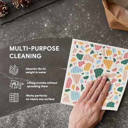 RECYCO Swedish Dishcloths for Kitchen | 5 Pack Urban Boho Terrazzo Washable Dish Rags | Cellulose Reusable Cleaning Paper Towels | Absorbent Counter Dish Cloth Sponge Kitchen Wipes, 8" L x 7" W - color: Urban Boho Terrazzo-5 Pack