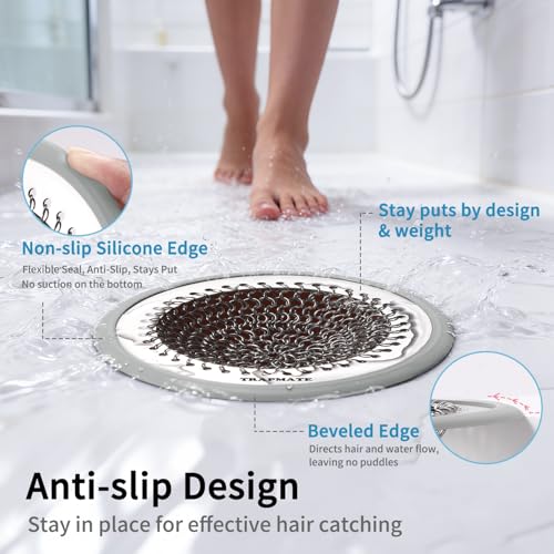 TRAPMATE Shower Drain Hair Catcher, Patented Bathtub Stopper Drain Strainer Kit, Fast Drainage Stainless Steel Shower Drain Cover for US Standard Flat Drains of Bathroom and Shower Room - color: Gray Gray