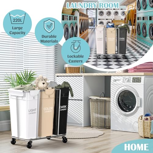 PLKOW 220L 3-Section Rolling Laundry Sorter, Multicolor - color: White+Khaki+Black-220L