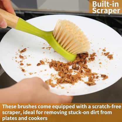 2 Pack Kitchen Dish Brush Bamboo Handle Dish Scrubber Built-in Scraper - style: Green