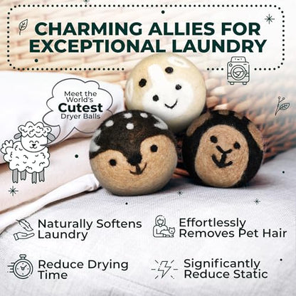 Chemical Free & Baby Safe! Reusable Wool Dryer Balls XL 6-Pack - Reduces Static, Cuts Dry Time, & Softens Naturally - color: Baby Cow & Friends