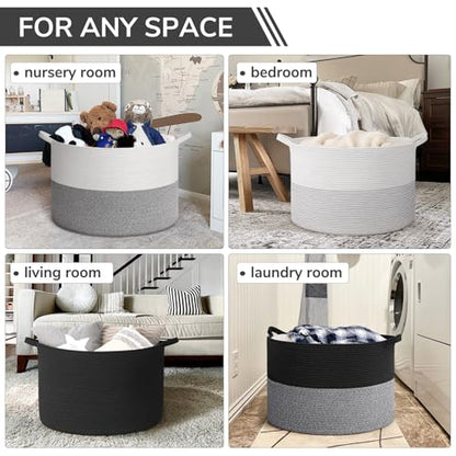 INDRESSME 115L Extra Large Woven Rope Blanket Basket Living Room, Black - color: Black, size: 23.6"D x 15.7"H