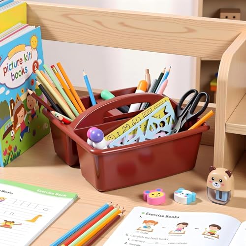 Kathfly 8 Pack Classroom Caddy Organizer with Handle, Plastic Art Craft Cleaning Caddy Bulk, Small Multipurpose Supply Organization Storage Basket for Table Desk Office Pencil Teacher (Deep Color) - color: Deep Color