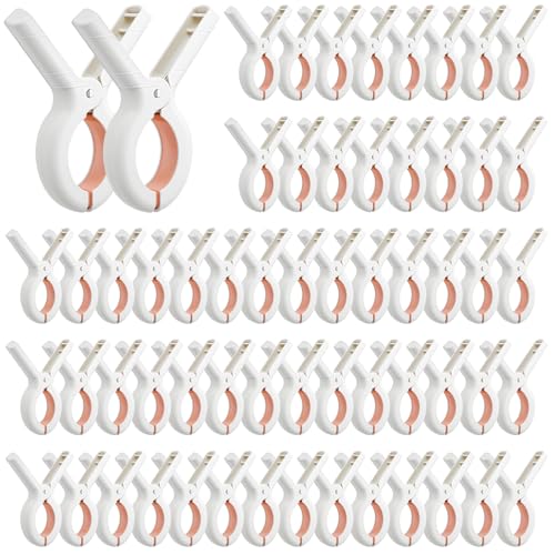 60 Pcs Beach Towel Clips, Heavy Duty Plastic Clothes Pins with Strong Grip, Windproof Laundry Clothespins for Blankets and Hanging Rack White