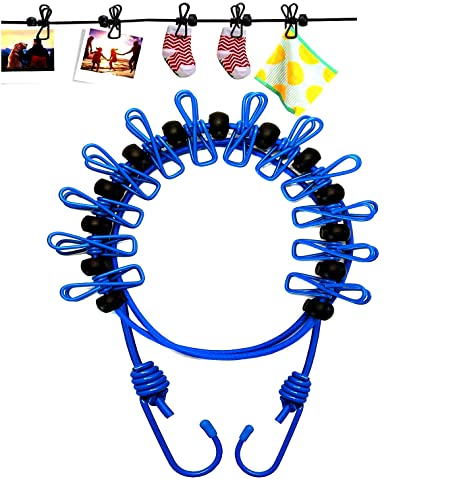 1 Pack Portable Clothesline with 12 Clothespins, Travel Clothesline Stretchy Retractable Elastic Laundry Clothes Line for Backyard, Vacation Hotel, Balcony Clothes Drying Line (Blue) - style: Blue