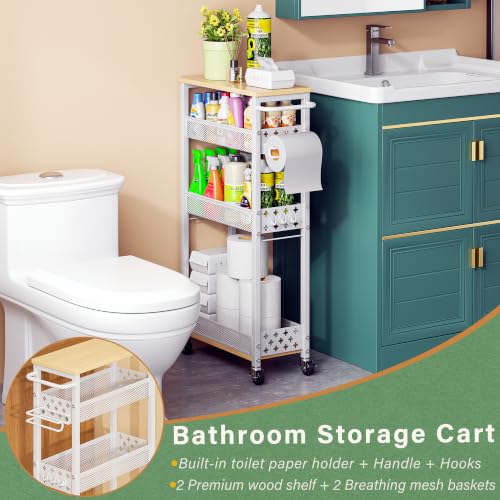 OKZEST Slim Bathroom Organizers and Storage Cart with Toilet Paper Holder - color: White, size: 4-Tier (with Toilet Paper Holder)