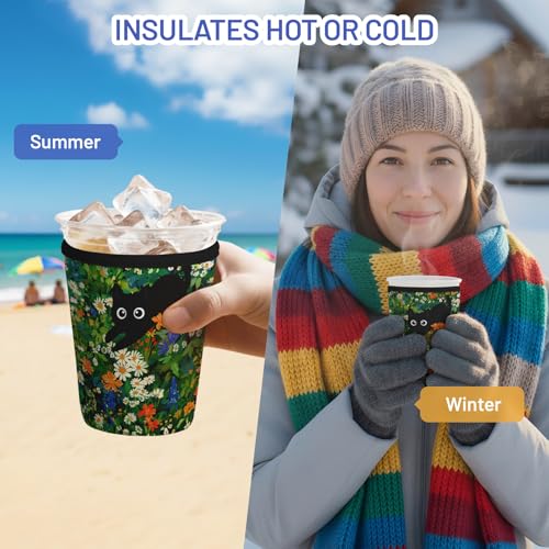 Iced Coffee Sleeve Reusable Neoprene Cup Sleeves, Cat Garden - color: Cat Garden