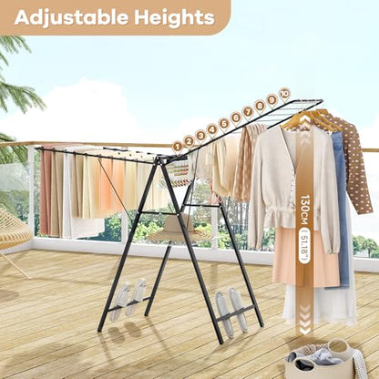APEXCHASER 6 Height Adjustable Clothes Drying Rack with Shoe Slots, Black - color: Black
