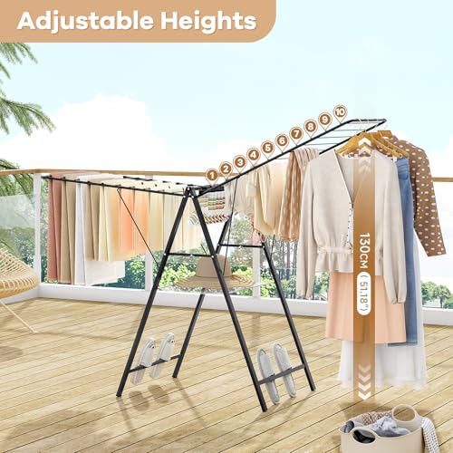 APEXCHASER 6 Height Adjustable Clothes Drying Rack with Shoe Slots, Black - color: Black