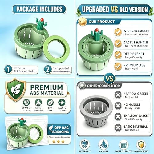 2 Cactus Kitchen Sink Drain Strainer,Anti-Clogging Kitchen Drainer with - color: Green + Yellow