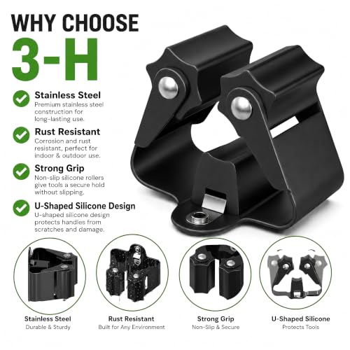 3-H Broom Holder Wall Mount 4 Pack, Stainless Steel Mop Hanger with Screws - color: Black, size: 4