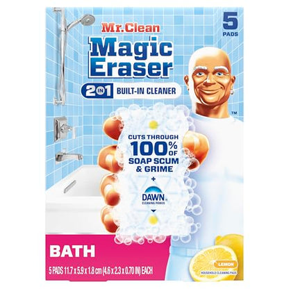 Mr. Clean Magic Eraser Sponge, Bathroom Cleaner, Shower Cleaner, Tub Cleaner, Soap Scum Remover, Bathroom Cleaning Supplies, Dawn Cleaning Power with Lemon Scent, 2 in 1 Bath, 5ct (Pack of 4) - size: 5 Count (Pack of 4), style: Original Version