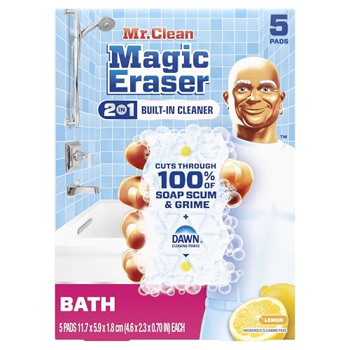 Mr. Clean Magic Eraser Sponge, Bathroom Cleaner, Shower Cleaner, Tub Cleaner, Soap Scum Remover, Bathroom Cleaning Supplies, Dawn Cleaning Power with Lemon Scent, 2 in 1 Bath, 5ct - size: 5 Count (Pack of 1), style: Original Version