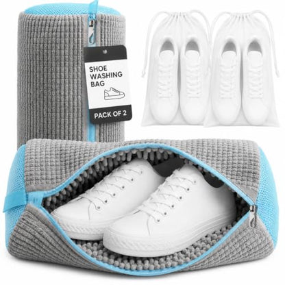 GEWON Shoe Washing Machine Bag for Sneakers, 360° Deep Cleaning, 2 Shoe Bags, 4 Dust Bags - color: Grey