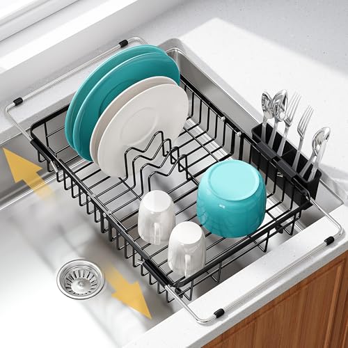 JASIWAY Black Dish Drying Rack Over the Sink with Utensil Holder - color: Black, size: For 12.5"-30"w Sink, Expandable