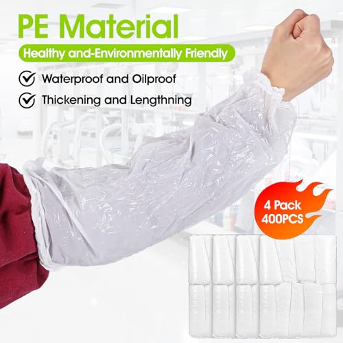 400Pcs Disposable Arm Sleeves Covers, 17.7" Long Waterproof PE Oversleeves with Elastic Cuffs for Painting, Cleaning, Tattooing & Food Handling
