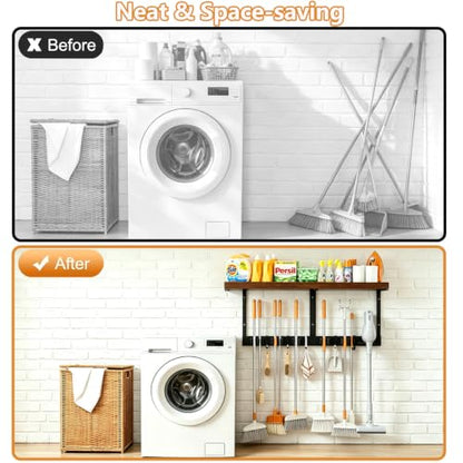 Mop and Broom Holder Wall Mount with Cleaning Supplies Organizer
