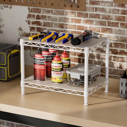 SINGAYE Small Wire 2 Shelves Pantry Metal Shelf Floor Organizer Under Desk - color: White, size: 2-Tier 11.8"D X 17.3"W X 12.2"H