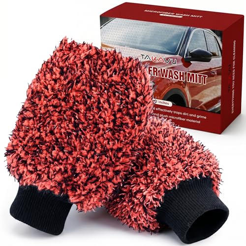 TAKAVU Car Wash Mitt, 2 Pack Microfiber, Scratch-Free (Red) - color: Red