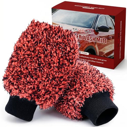 TAKAVU Car Wash Mitt, 2 Pack Microfiber, Scratch-Free (Red) - color: Red