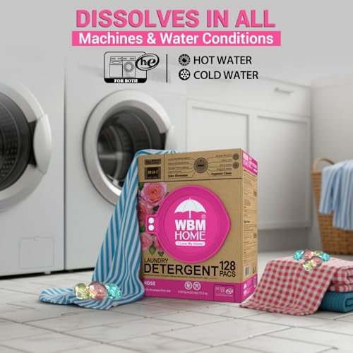 WBM 10-in-1 Laundry Pods, Total 128 Count, High Efficiency, Ultra Concentrate with Powerful Stain Lifter Technology, Fabric Softener With Rose Extracts, Detergent Pods - size: 128 Count (Pack of 1)