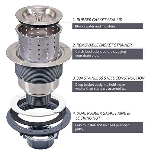 3-1/2 Inch Sink Drain Assembly Kit, Removable Deep Sink Strainer Basket with Sink Stopper/Sealing Lid for Home, Kitchen, Stainless Steel - color: Silver