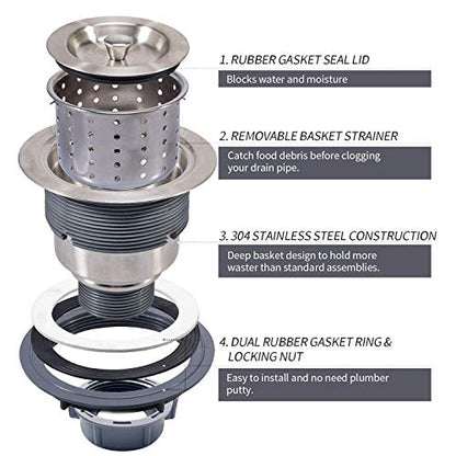 3-1/2 Inch Sink Drain Assembly Kit, Removable Deep Sink Strainer Basket with Sink Stopper/Sealing Lid for Home, Kitchen, Stainless Steel - color: Silver