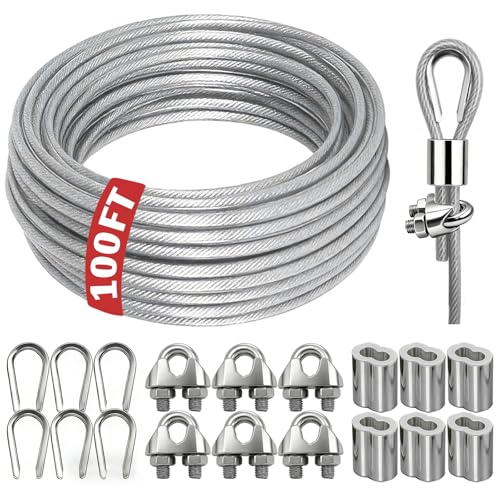 NAZOU 3/16 Inch Coated Steel Wire Rope, Hanging String Lights, Clotheslines - color: Silver, size: 100FT