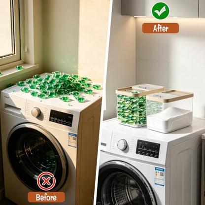 Large Laundry Pods Container with Slide Lid, Laundry Room Organization for Booster Beads with Measuring Scoops, Laundry Pods Holder Powder Container for Scent Booster, Powder, Pods. (2 Pack Clear)
