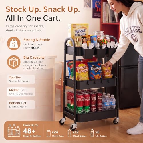Heavy Duty 3 Tier Rolling Cart Metal with Wheels,Three Tiered Rolling Carts - color: Mystic Black