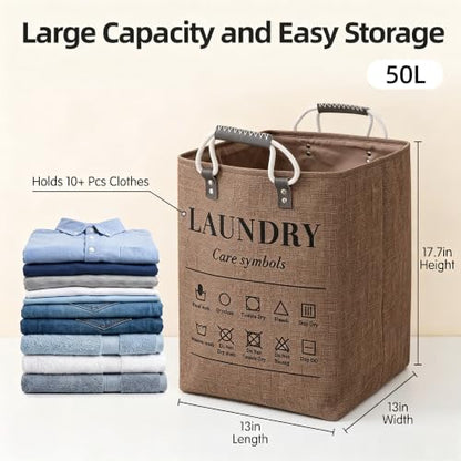 Small Laundry Basket, 50L Foldable Laundry Hamper Organizer with Handles, Fashion Portable Laundry Basket in Bedroom, Laundry Room, Closet, Bathroom, College Dorm (Brown) - color: Brown