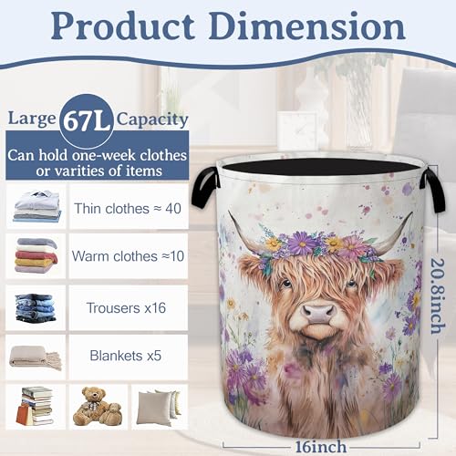 Highland Cow Laundry Basket,Foldable Oxford Cloth Flower Funny Laundry Hamper with Handles, 20.8"x16" Tote Bag Clothes Storage Bucket for Laundry Room/Bathroom/Bedroom/Dormitories - color: Highland Cow Flower Fun
