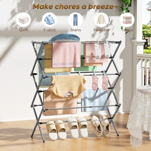 KINGBOARD 3-Tier Extendable Clothes Drying Rack, Small & Foldable, Grey - color: Gray